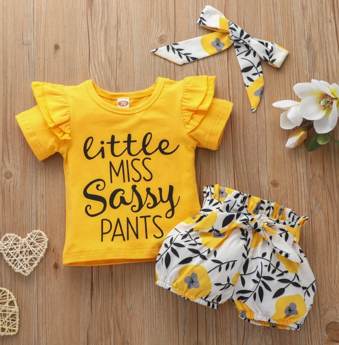Cute Letter Printed Yellow T-shirt and Floral Shorts Set