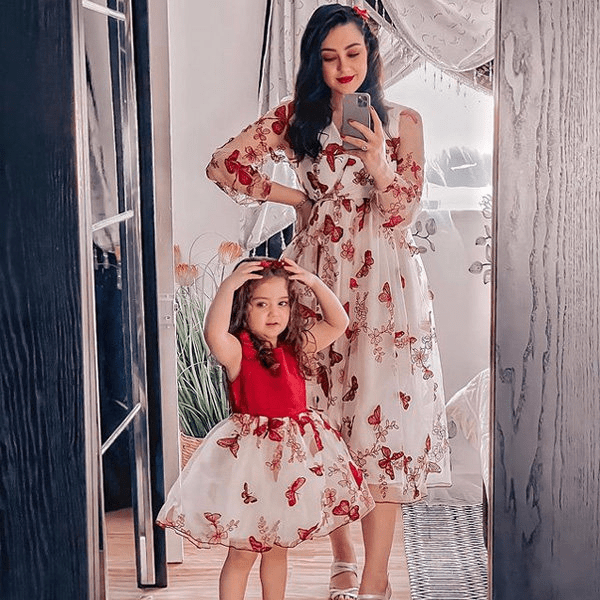 Sweet Red Butterfly Embroidery Lace Mom Girl Matching Dress