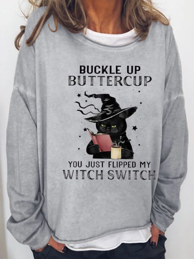 Casual Cat Printed Long-Sleeved Crew Neck Sweatshirt