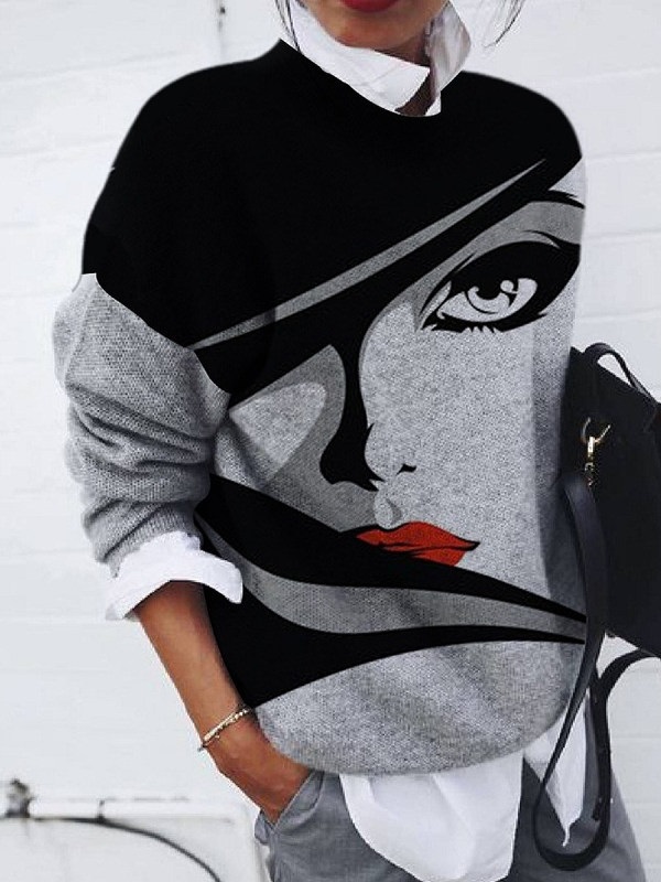 Casual Fashion Brushed Portrait Print Pullover