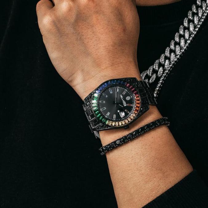 Helloice Rainbow Baguette Cut Men's Watch in Black Gold