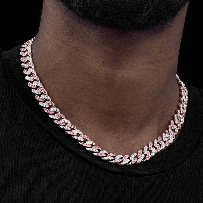 White&Pink Stones Cuban Link Chain